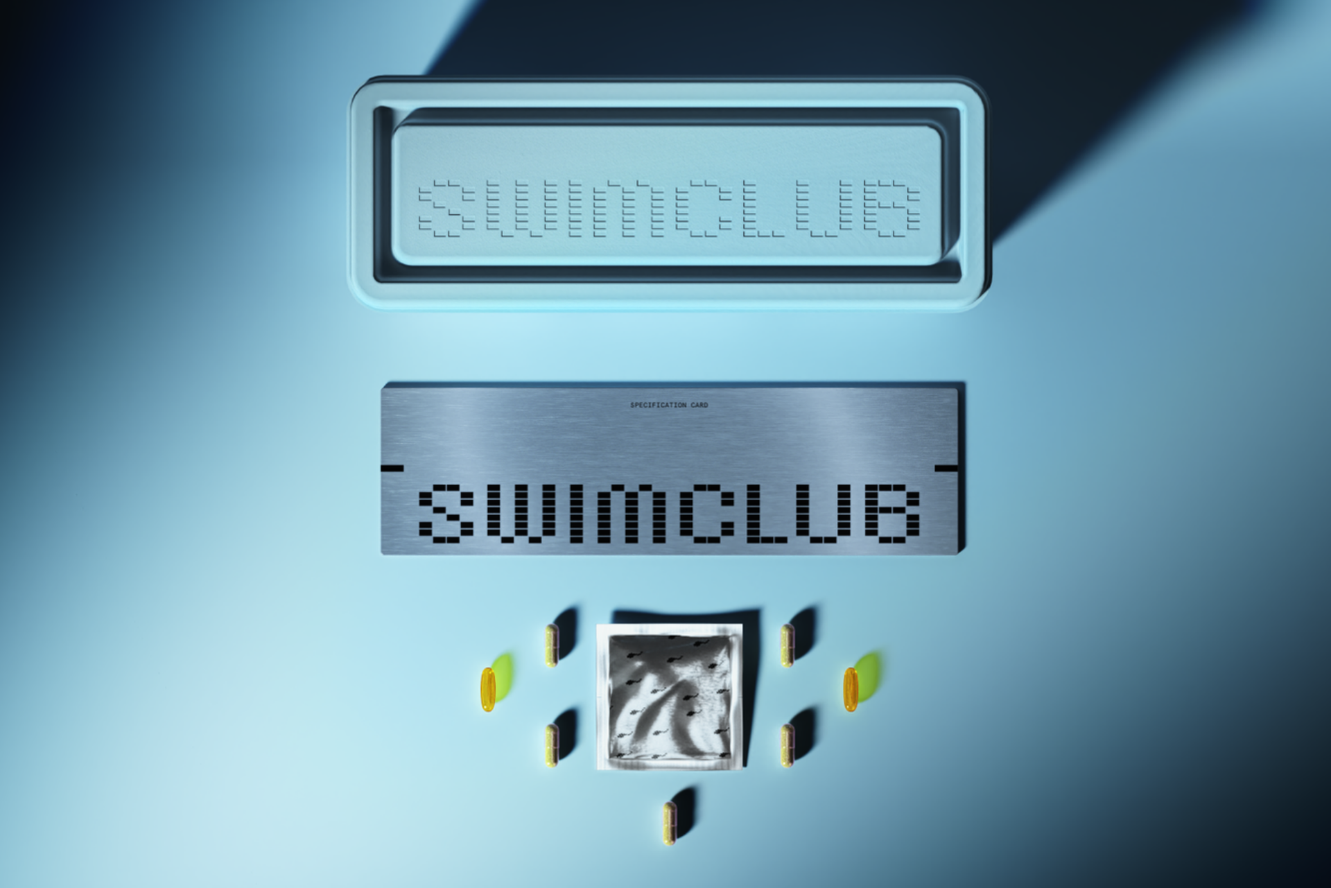 Swimclub packaging and pills from a top perspective